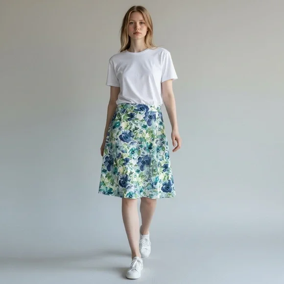 Handmade Floral Blue and Green Women's Pleated Skirt - Picture 3 of 8